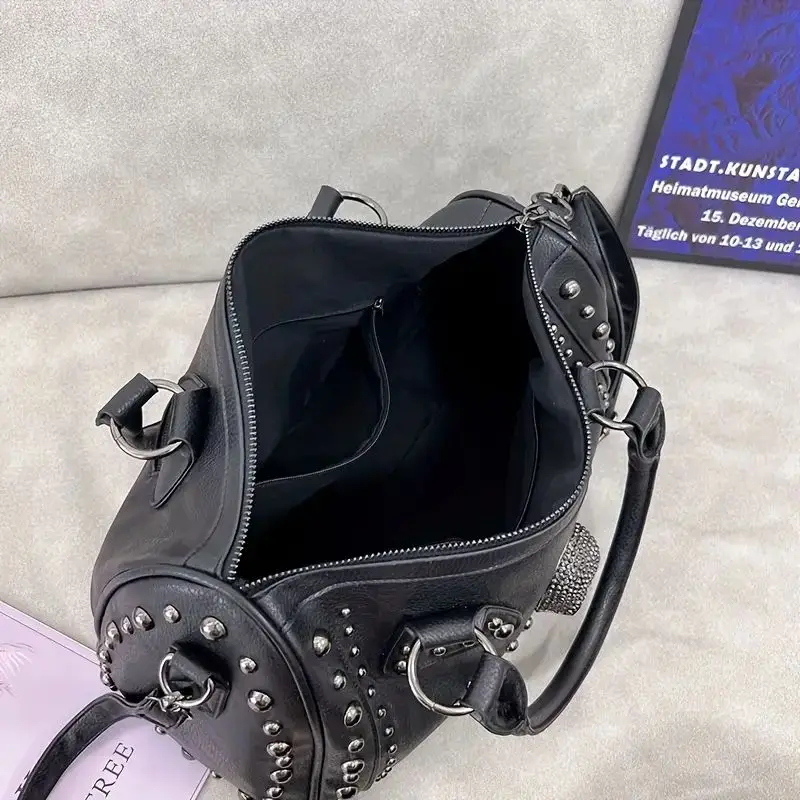 블랙 대용량 숄더백, 스킬 패턴, Y2K 스타일 크로스 바디 백, 인조 가죽, 캐주얼 패션, 스켈레톤 펑크 백