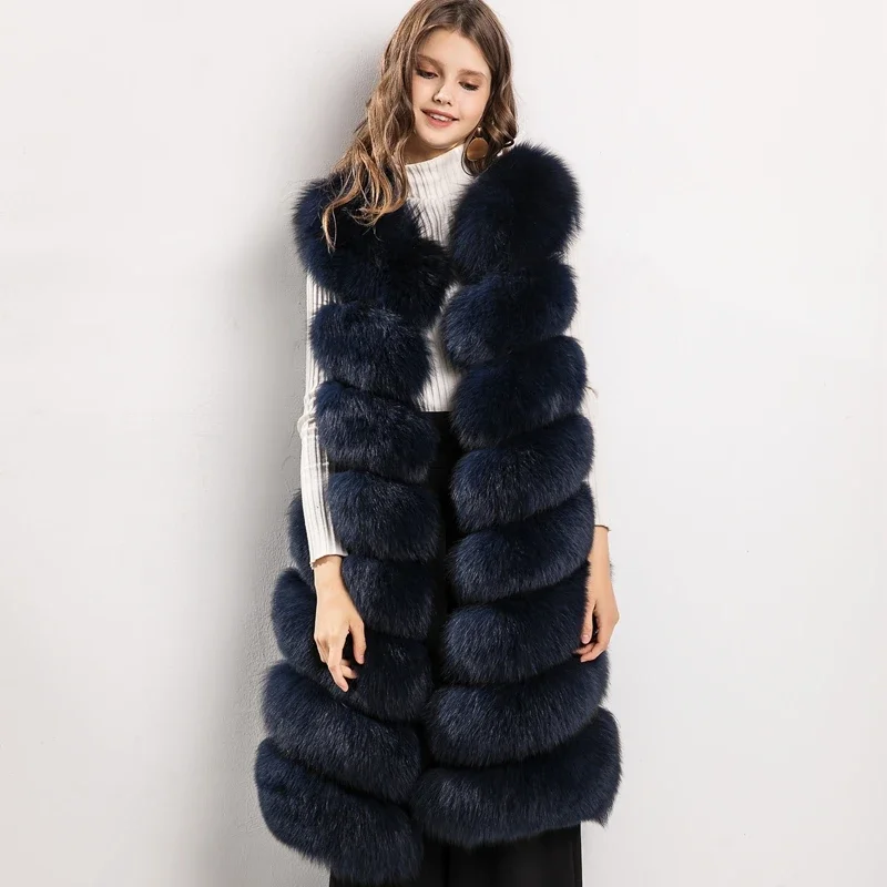 

rf0042b Women's Real Fur Vest Long Style Natural Fox Fur Waistcoat Striped