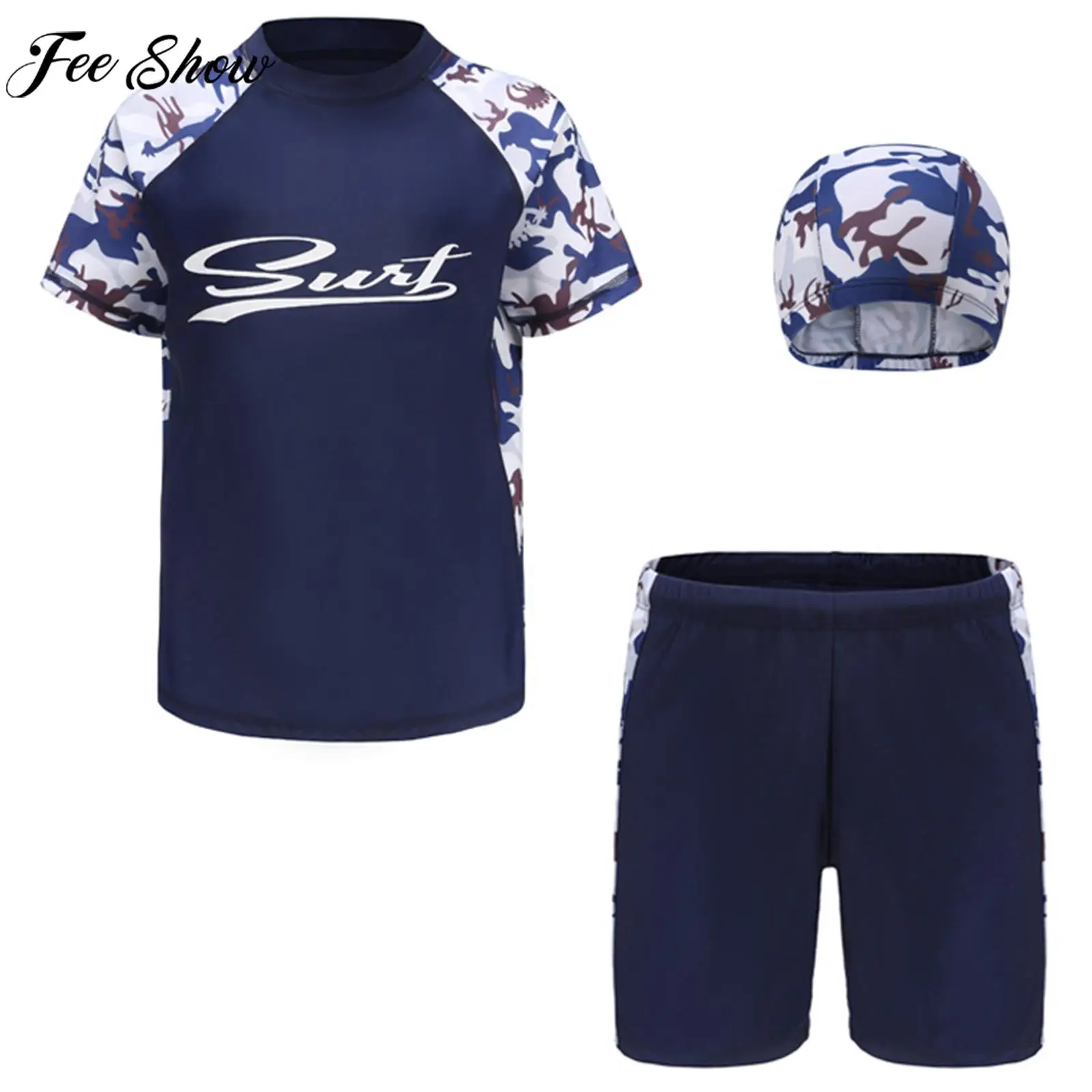 

Boys Summer Swimwear Rash Guard Kayaking Swimsuit Wetsuit Short Sleeve Swim Tops Trunks Hat Set Bathing Suit for Pool Beach