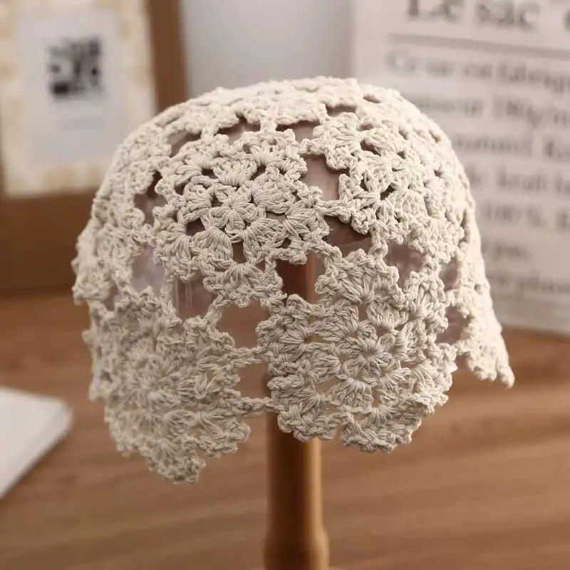 100% Cotton Handmade Crochet Lace Hollow beanies Hat Female Spring Summer Beanies Elegant Skuilles Shopping Head Wear for Women 5