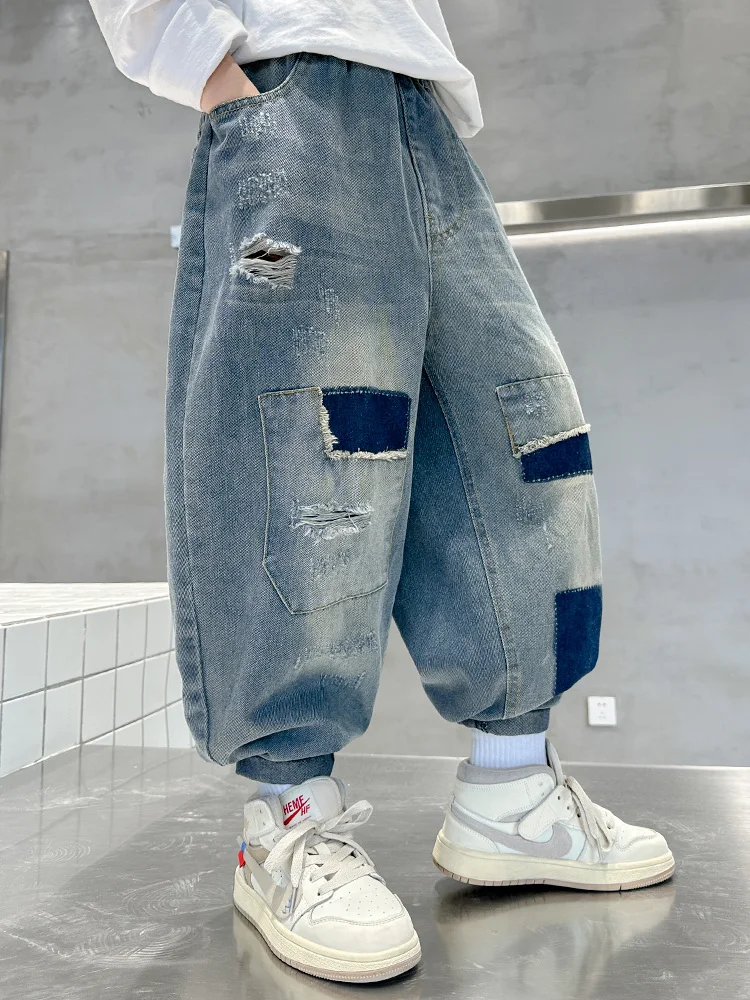 Boys Jeans Spring Autumn Personalized Fashion Patch Denim Pants Kids Clothes