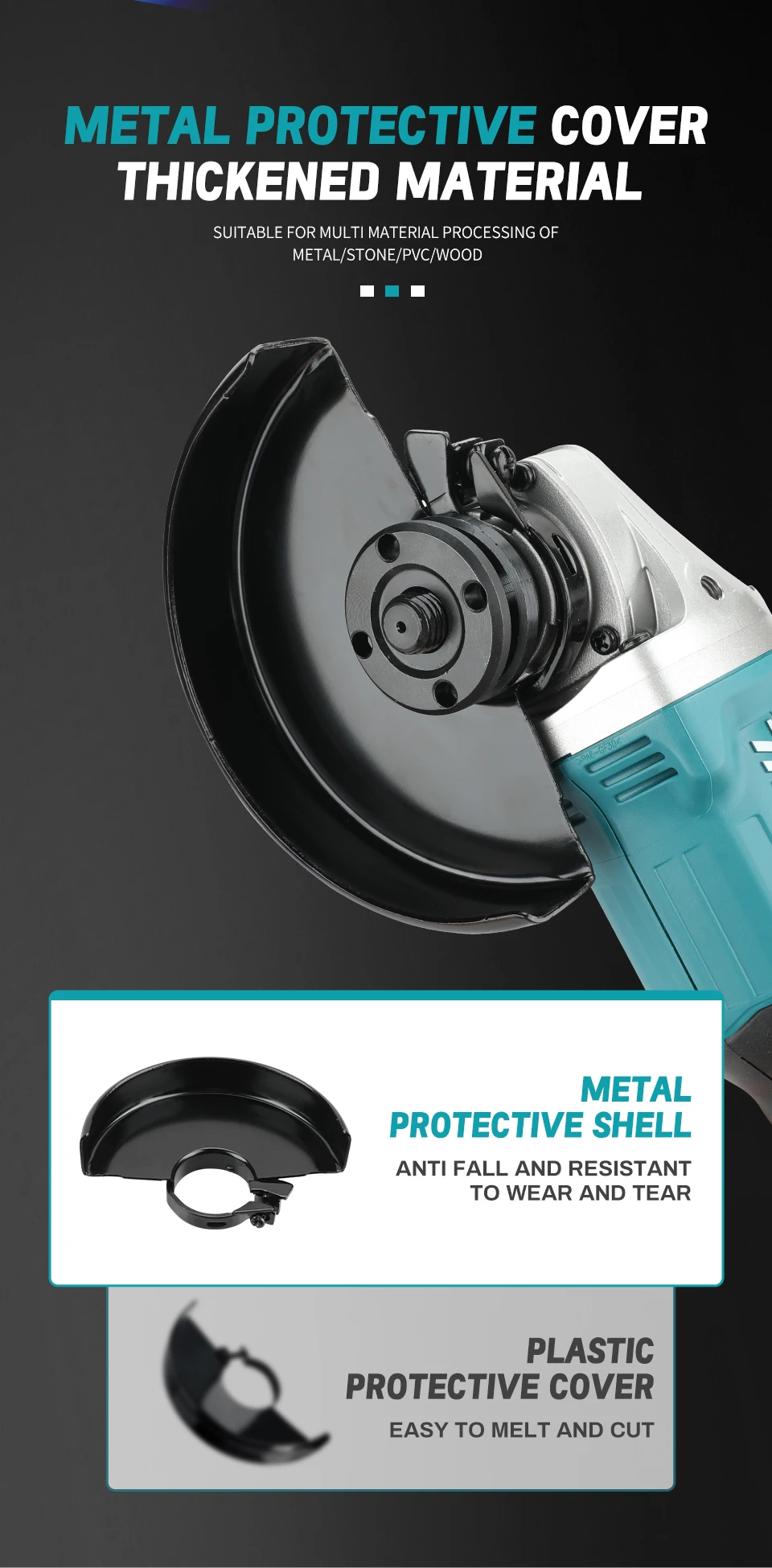 Makita DGA504 grinder shown with grip and accessory details