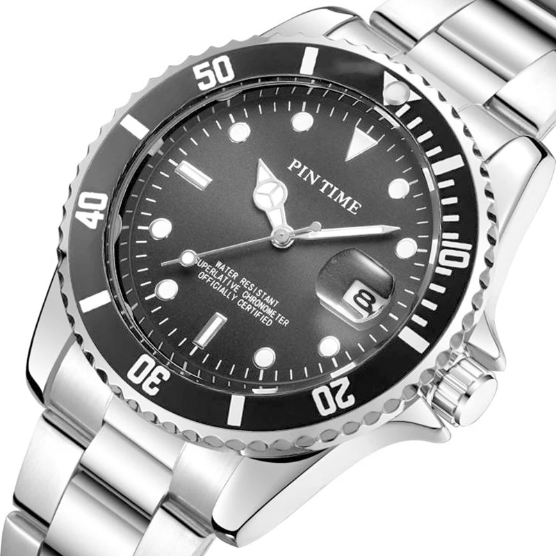 PINTIME Watch Men Luxury Stainless Steel Strap Luminous Calendar Fashion Quartz Wristwatch 3br Waterproof Leisure Business Reloj