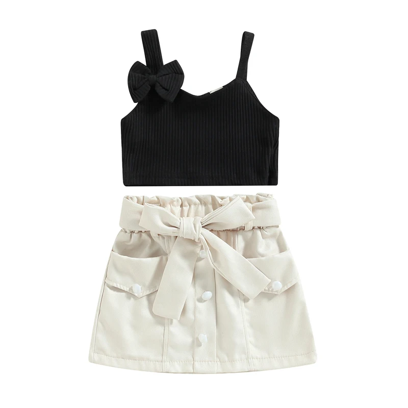 

1-4 Years Kids Girls Skirt Set Summer Sleeveless Bowknot Camisole + Elastic Waist Mini Skirt + Belt Summer Outfit