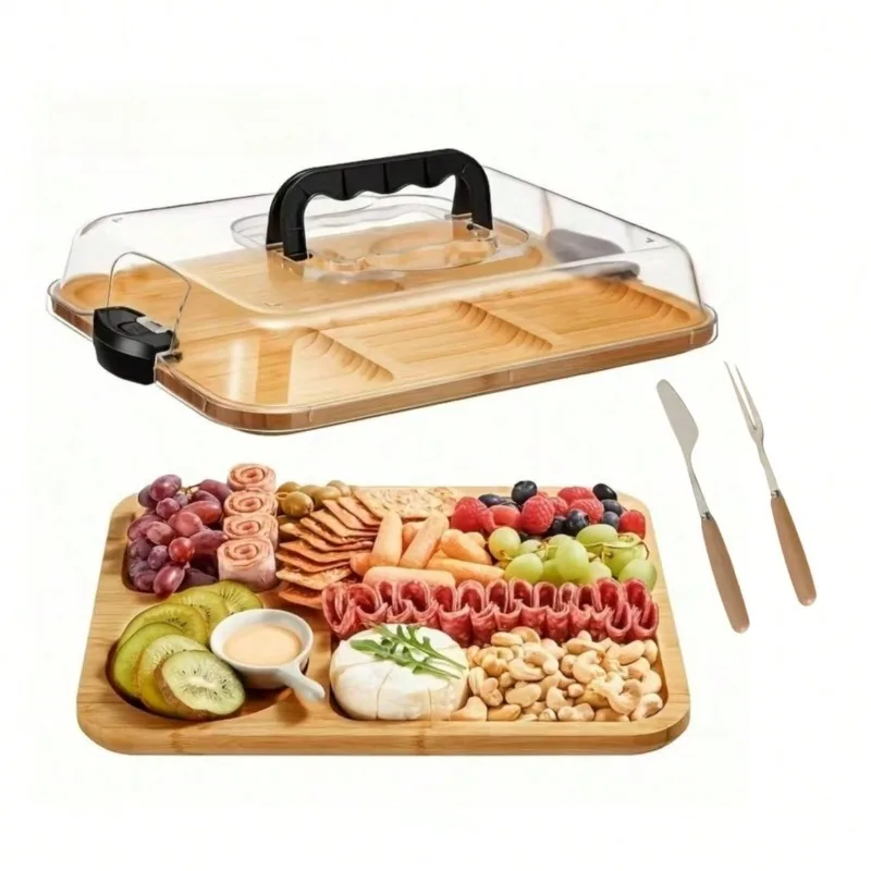 Bamboo Cheese Tray With Safety Sealed Acrylic Lid - Portable Bamboo Snack Plate For Camping,Parties And Restaurants.Suitable For