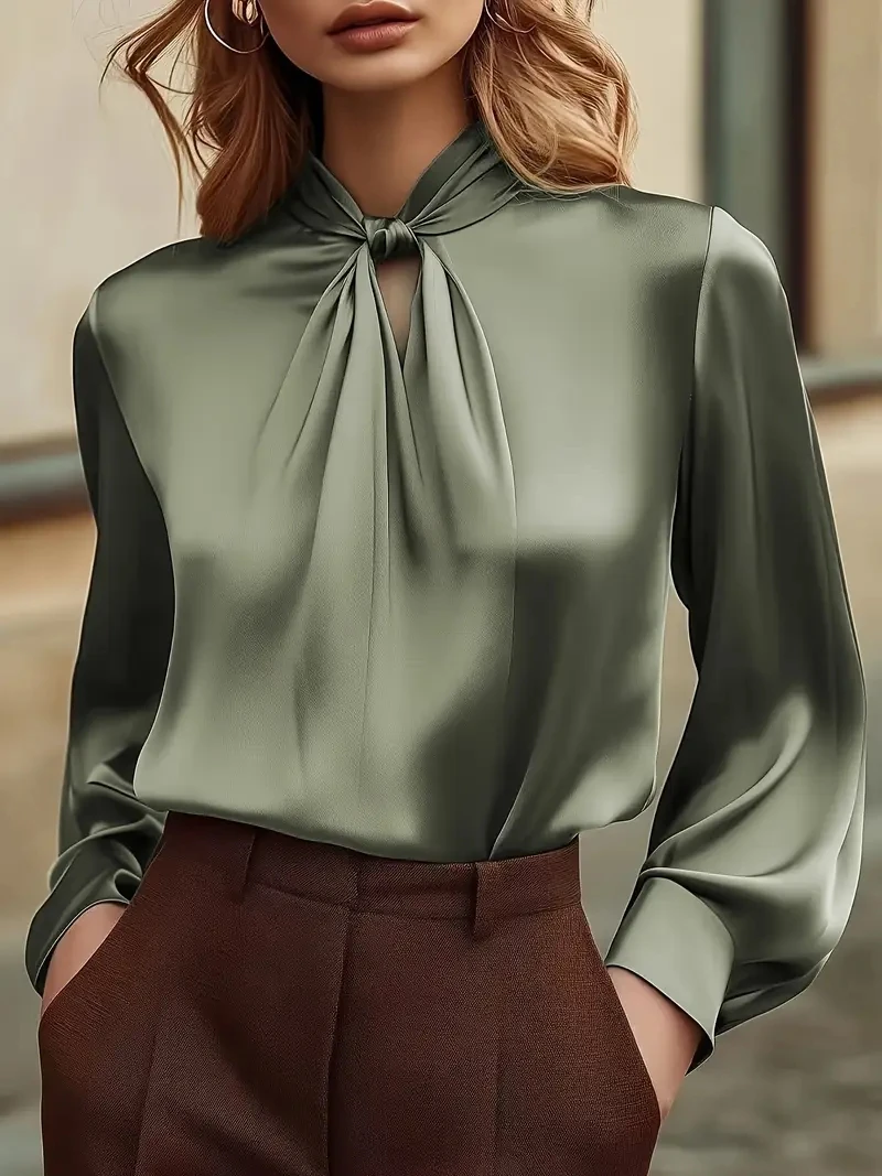 Elegante Satin-Bluse mit langen Ärmeln und Bindekragen für Damen, Büro- und Freizeitkleidung