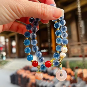 슈가 하트 모조 마노 딸기 크리스탈 팔찌, 꿀 복숭아 펜던트, 수공예 팔찌, 블루 크리스탈, 신선한 소녀, 여름