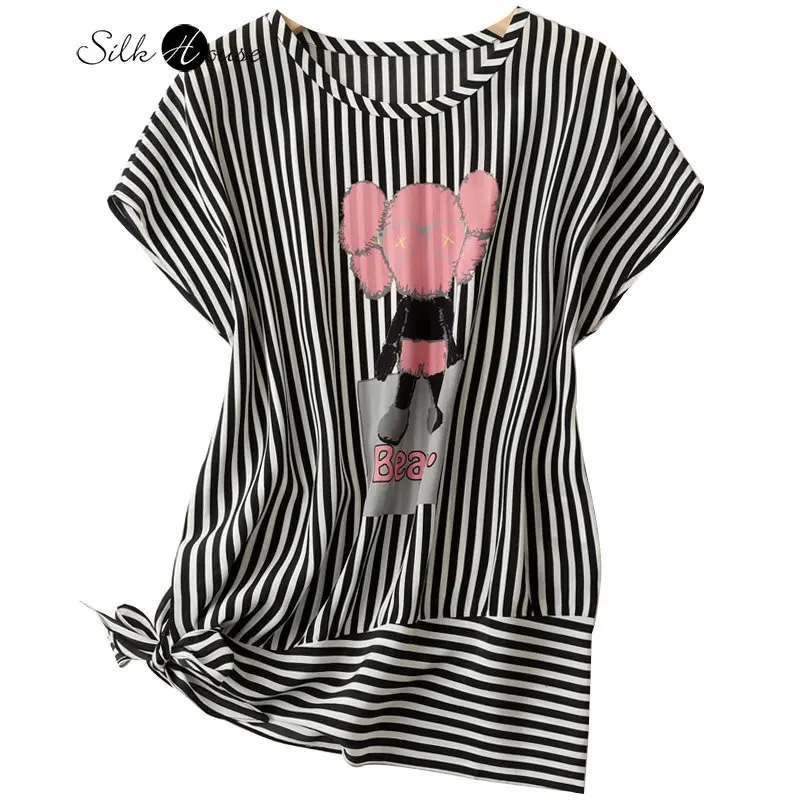 summer-silk-round-neck-top-women's-fashion-raglan-short-sleeve-loose-silkworm-stripe-print-shirt-design