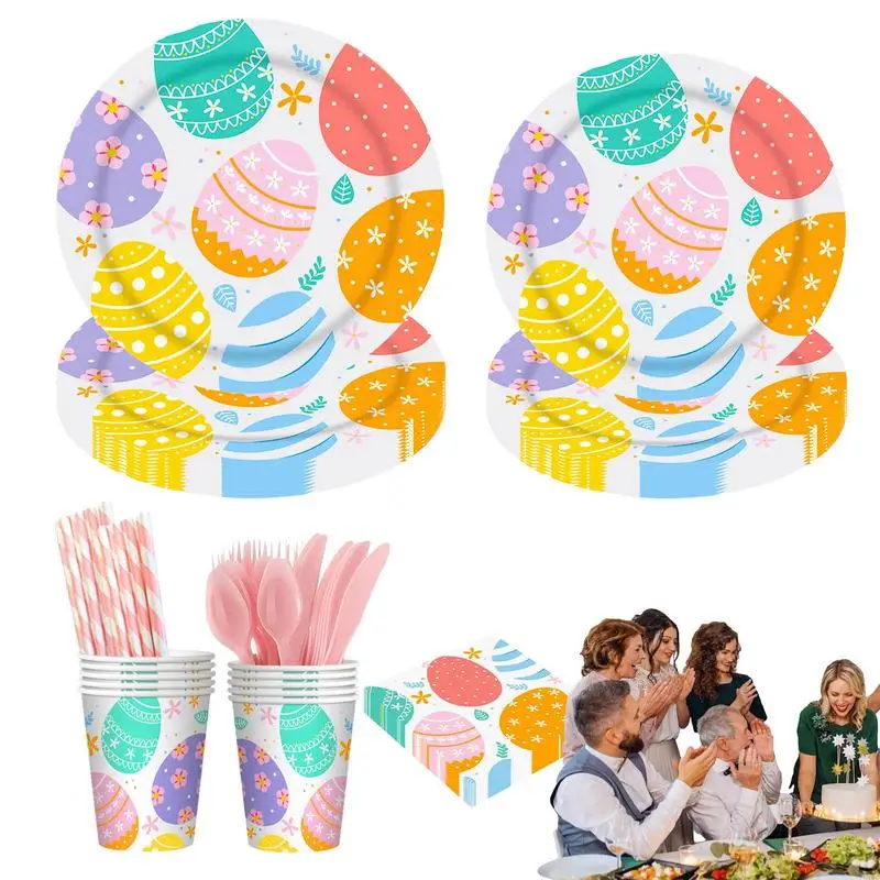 

90pcs Easter Tableware Set With Straws Napkins Plates Cups Cutlery Easter Paper Cup Set Party Decor Birthday Anniversaries DIY