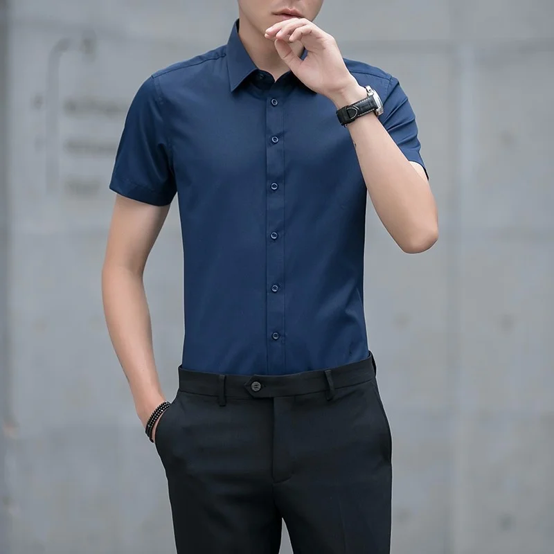 Men Short Sleeve Button Down Shirt Blouse Business Work Slim Fit