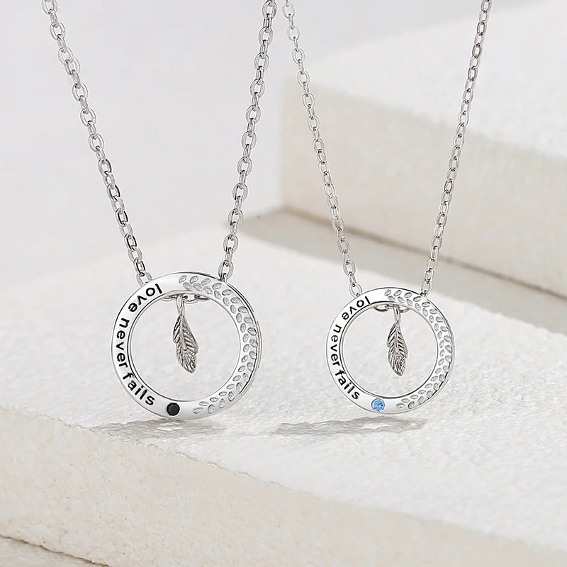 

Original 925 Sterling Silver Couple Necklaces Round Geometric Feather Clavicle Chain Valentine's Day Fine Jewelry Gift