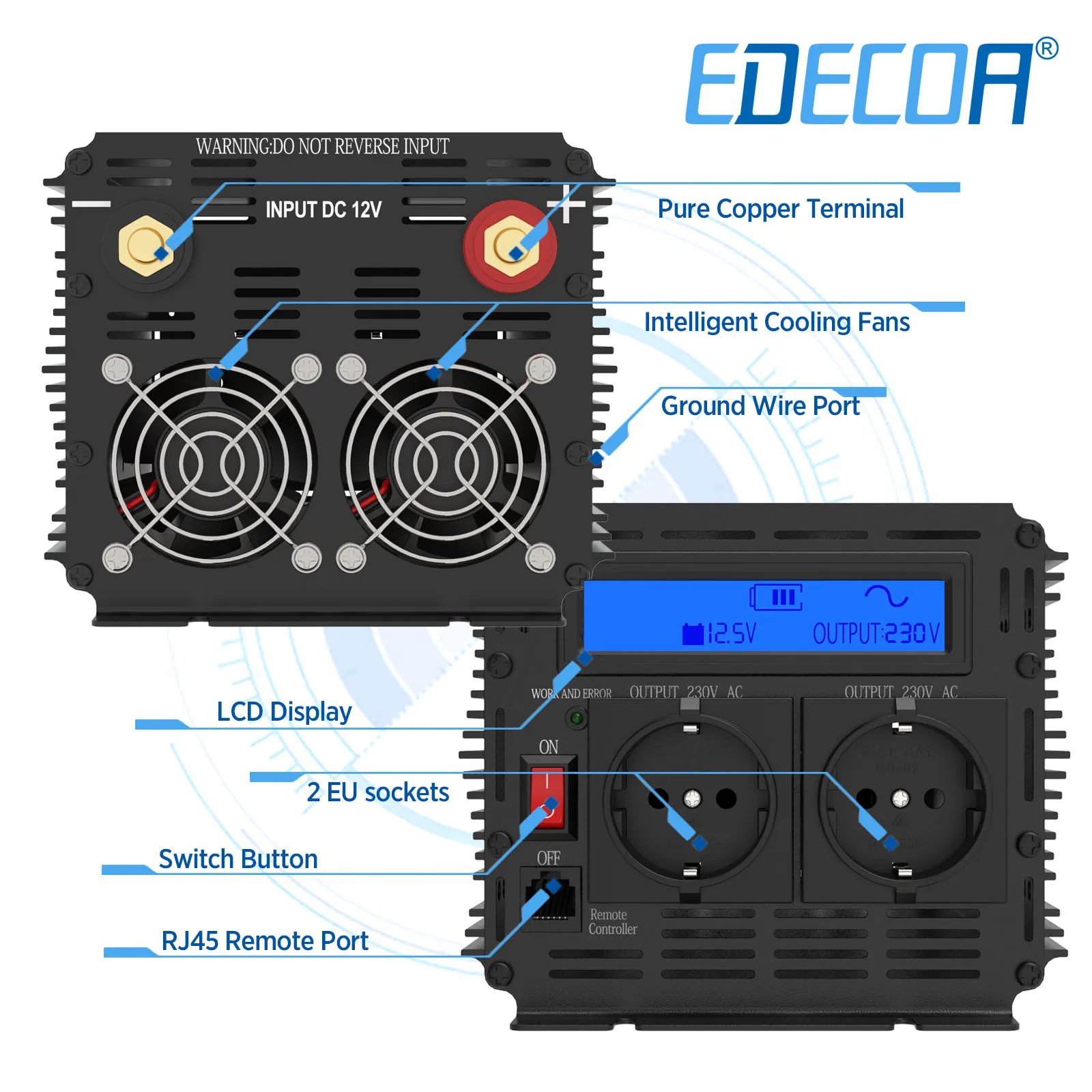 Edecoa 2500w dc 12v 24v para ac 220v 230v inversor de energia de onda senoidal pura fora da grade solar conversor 2.5kw inversor do carro