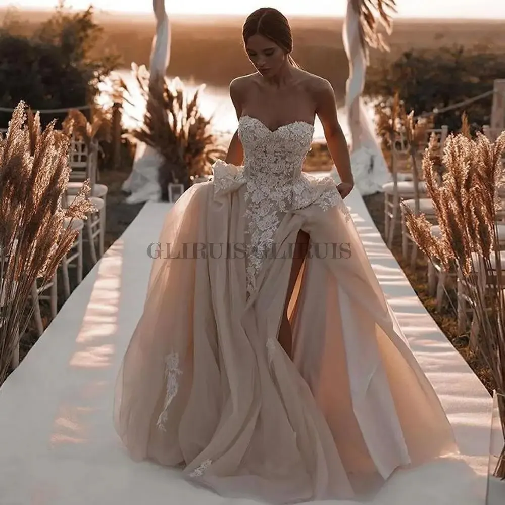 

Champagne High Slit Wedding Dresses Sweetheart Sheer Lace 3D Flowers Applique Tulle Beach Dress Bridal Gowns Vestido De Noiva