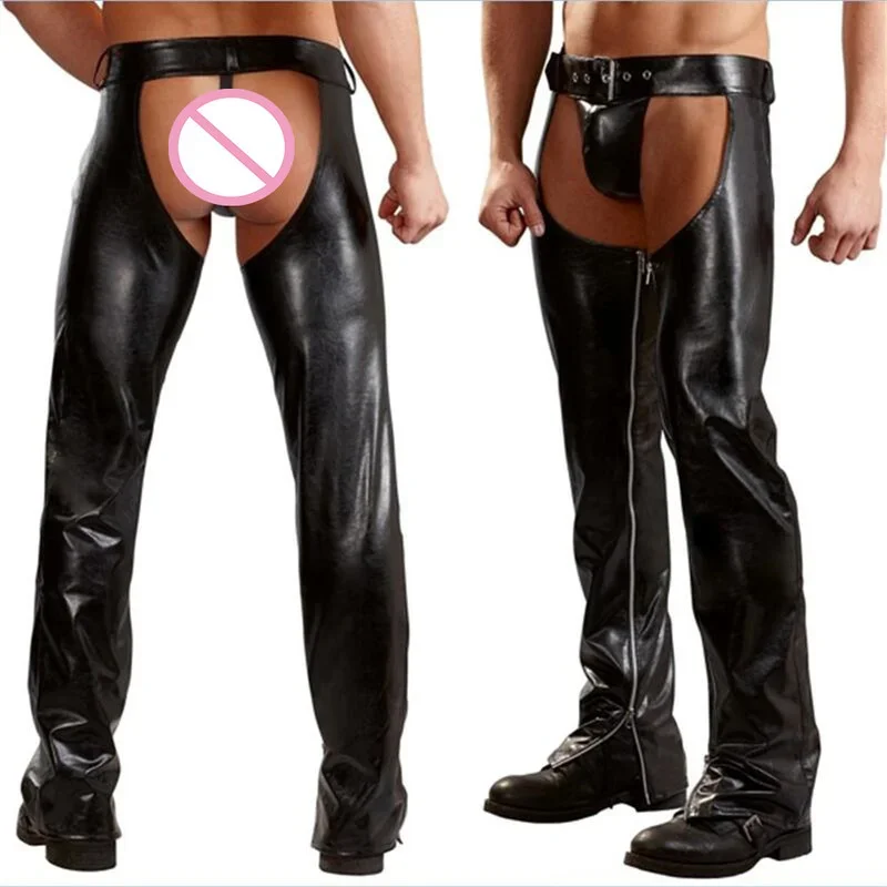 Men Trousers Leather Pants Cowboy Chaps Thongs Sleeves Backless Moto Cool Outfits Stripper Adult