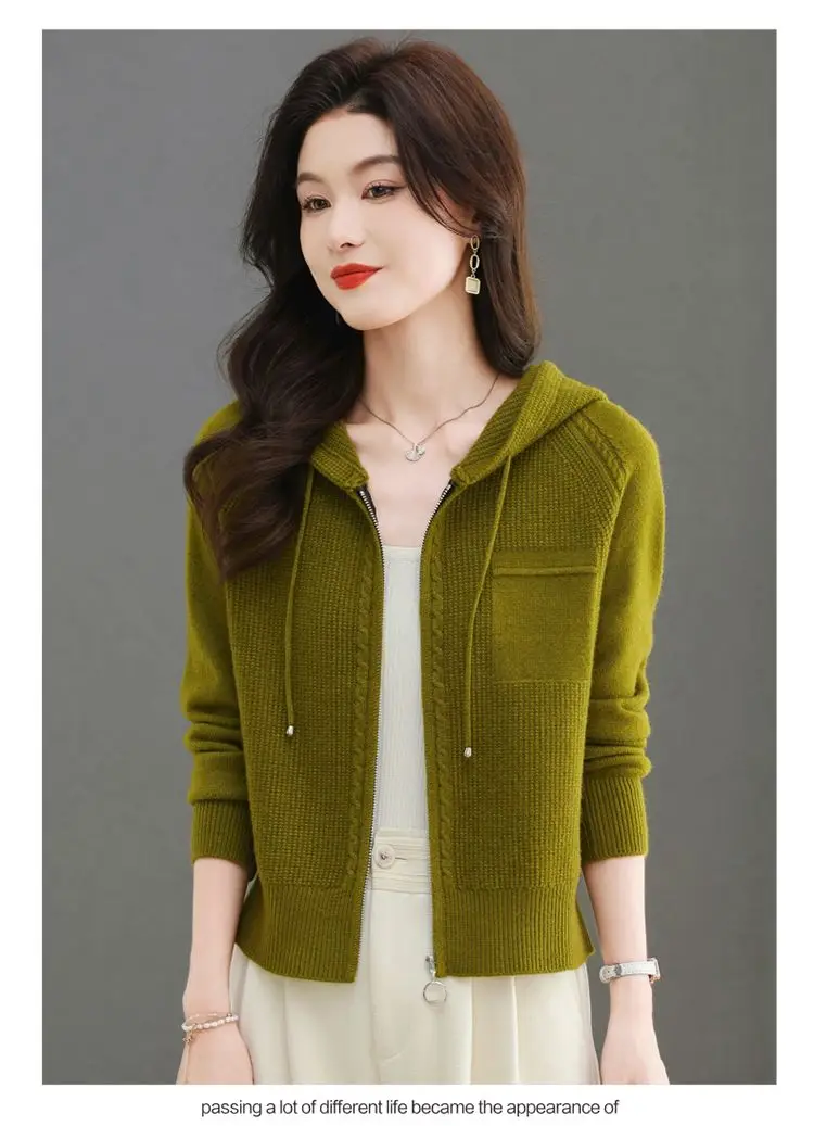 Rosenrote Strickjacke mit Kapuze für Damen, kurz, Frühling und Herbst, neuer Stil mit Kapuzenpullover mit hohem Gürtel – Detail 10