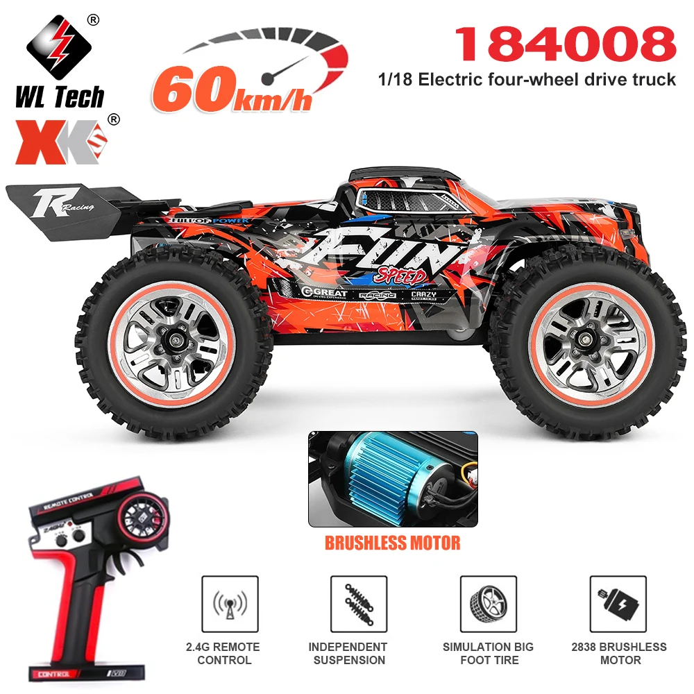 WLtoys XK 184008 RC카, 1/18 60 km/h, 4WD 브러시리스 리모컨, LED 조명, 모든 지형, 2.4GHz 고속 오프로드