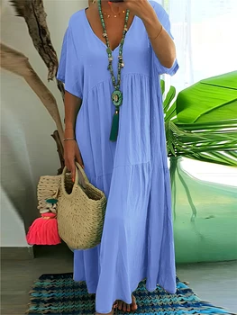 plus Size Women's Casual Loose V-Neck Solid Long Dress Spring Summer Pleated Big Size Women's Dress 1