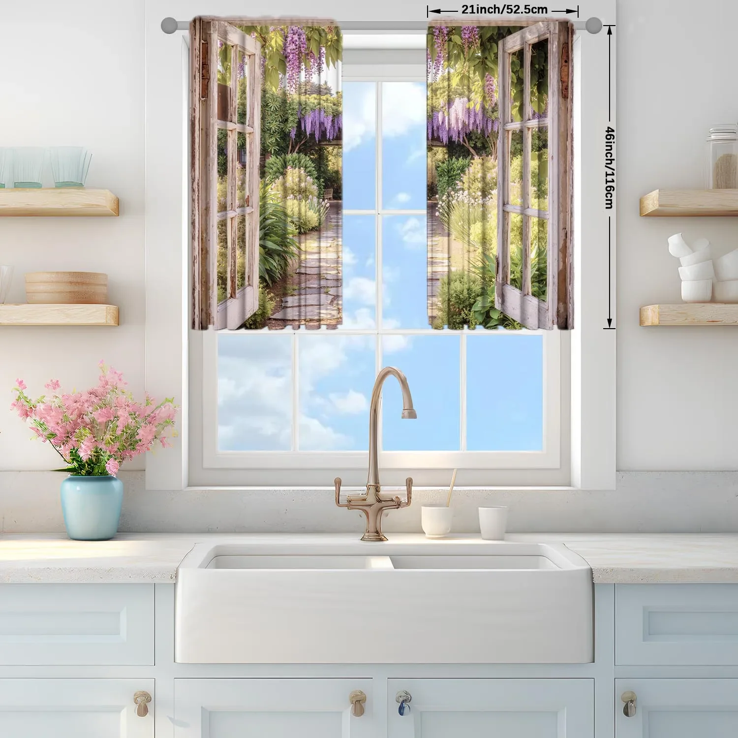 2pcs Wisteria Garden Window Printed Curtain-UV Resistant and Heat Insulated, Suitable for Rod Through Curtains in Various Rooms 3