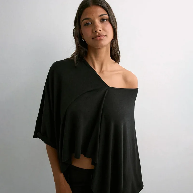 Elegant Fashion New Irregular Women's V-neck Solid Color Shawl Spring and Summer Loose Loose Pullover Top Casual Blouse