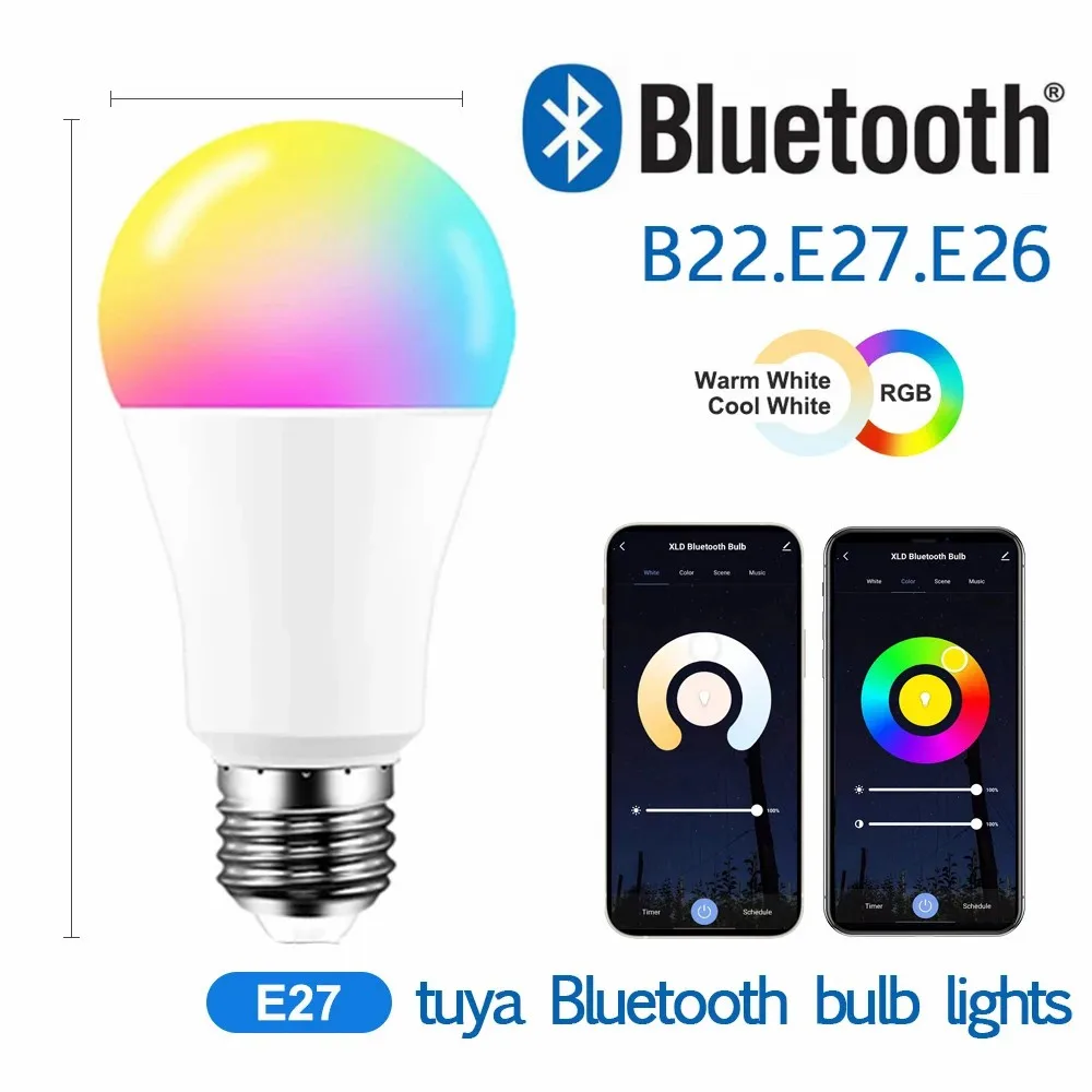 Tuya Bluetooth RGB LED Bulb APP Control 2700-6500K Stepless Dimmable Smart Life 9W RGB + CW + WW Color Change Lamp AC85-265V E27 E26 smart led light bulbs