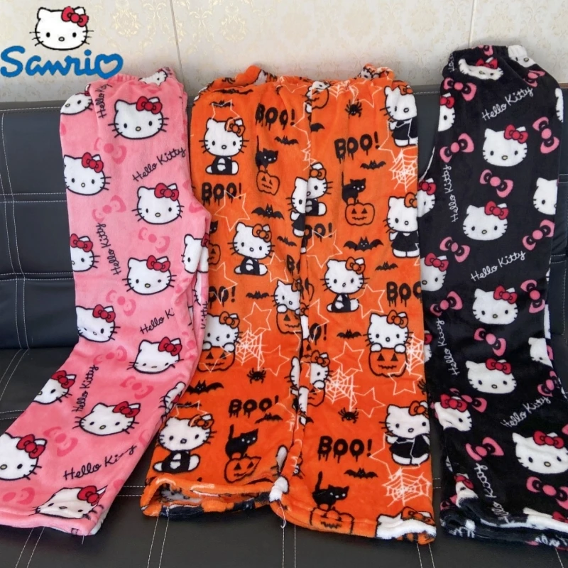 2023 Sanrio Hello Kitty Pajamas Halloween Flannel Fashion Trouserswomen Kawaii Woolen Anime Cartoon Casual Home Pant AutumnGift