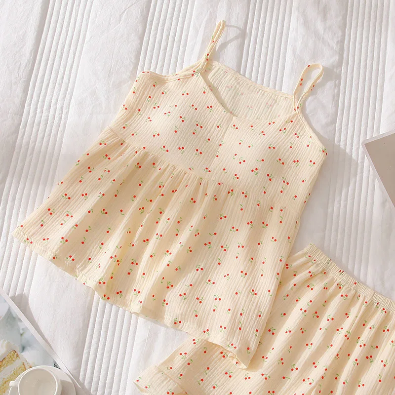 Summer Cotton Double Yarn Print Pajamas For Women Vests With Chest Pad+Shorts Floral 2Pcs Home Wear 2024 New Casual Sleepwear Se