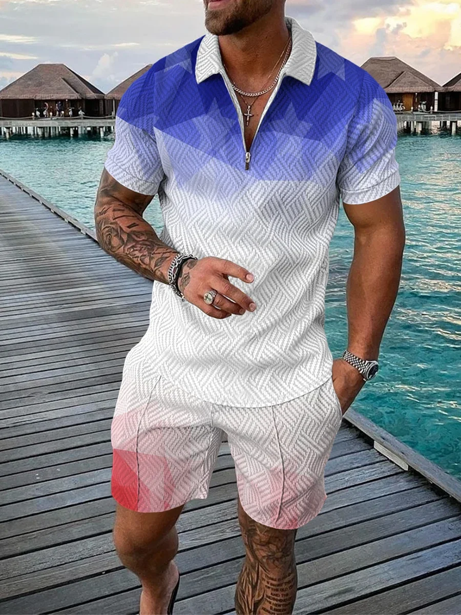 2023 New Men's Shorts Suit Sleeve Zipper Polo Shirt Street T-shirt Two-piece Casual Sportswear Beach Shorts  T Shirt  Suits For