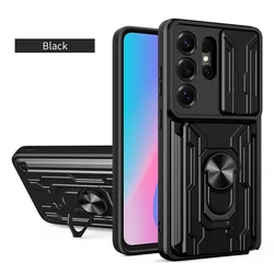 Heavy Duty Armor Shockproof Phone Case with Slide Lens Protector and Card Slot Holder - Galaxy S26+ (SL - Black)