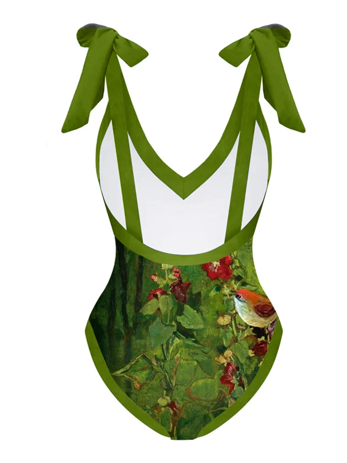 Fashion V-Neck Floral Oil Painting Print One Piece Summer Beach Solid Push Up Micro Swimsuit Set Brazilian Bathing Suit