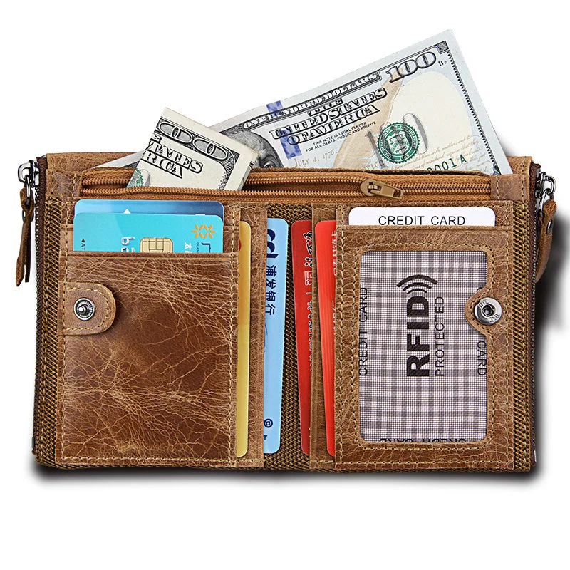 Wallet for Men Luxury  Leather Cow Man  Crazy Horse Cowhide Men's Wallet RFID Anti-theft Brush Short Double Zipper Coin Purse