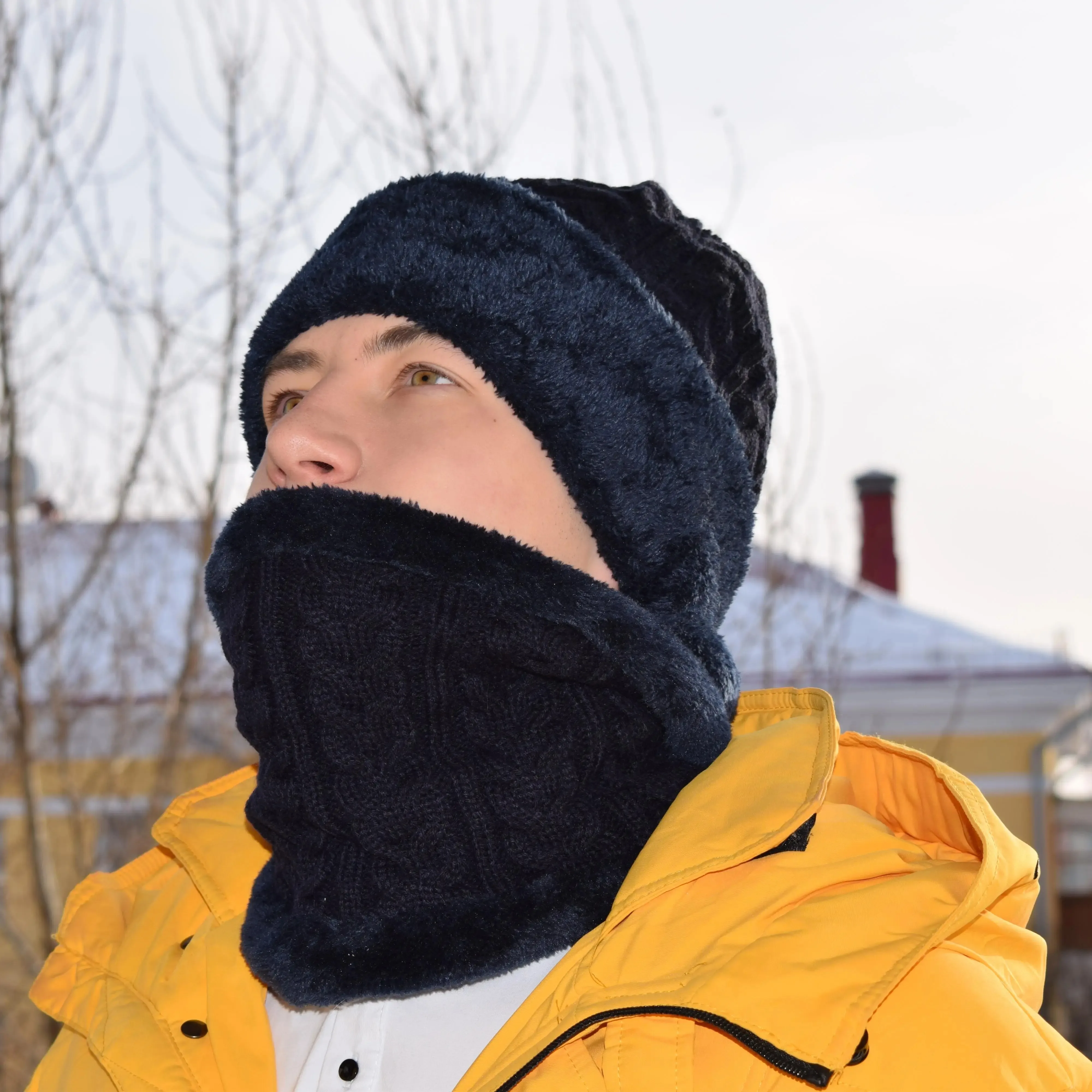 Unisex Plush Fleece Lined Winter Hat Thicken Warm Knitted Suit Set Soft Stretch Winter Hats For Men Women Leisure Beanie Cap