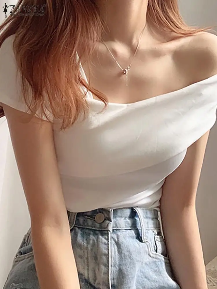 

Коллекция 2023 года, Сексуальная Блузка ZANZEA с открытыми плечами, женские модные летние топы, Повседневная рубашка с коротким рукавом, Женская туника, элегантные облегающие рубашки, блузы