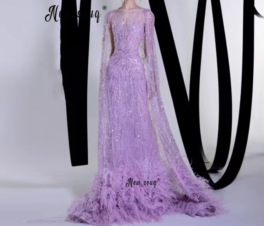 

Purple Feather Long Cape Sleeve Evening Dress Dubai Full Beaded A Line Wedding Party Gowns 2024 Host Dress Customized Prom