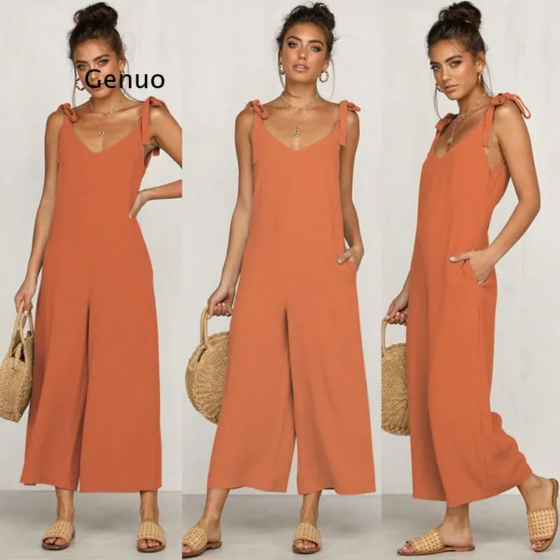 Women Rompers 2022 Summer New Ladies Casual Clothes Loose Linen Cotton Jumpsuit Sleeveless Backless Playsuit Trousers Overalls sexy deep v halter neck white elegant jumpsuit fashion temperament hollow out sleeveless backless trousers wide leg jumpsuits