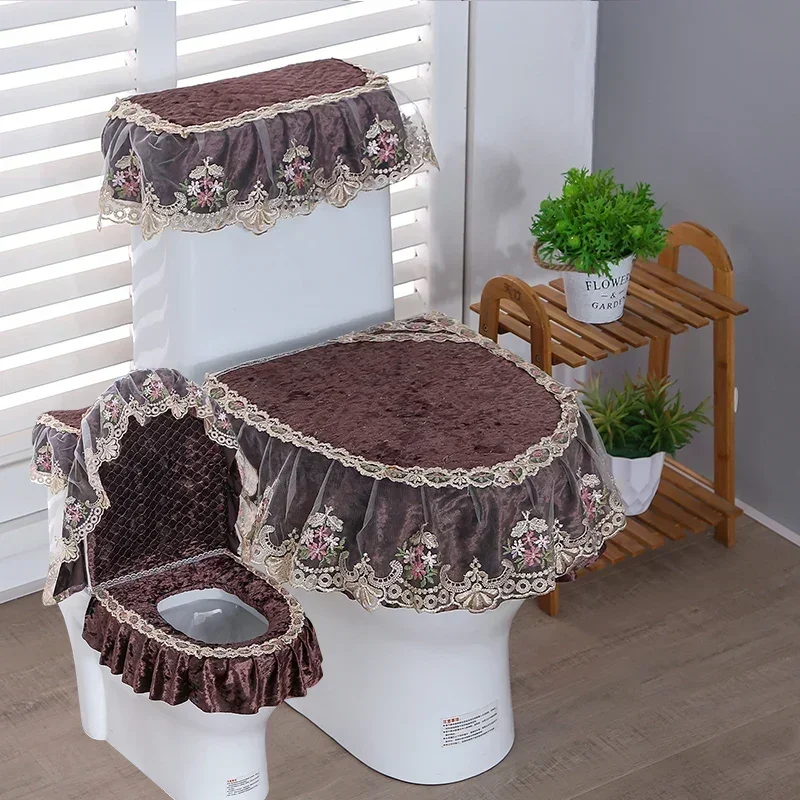 3PCS 벨벳 스커트 스타일 화장실 매트 수 놓은 레이스 변기 매트 인쇄 먼지 커버 화장실 Closestool 욕실 액세서리
