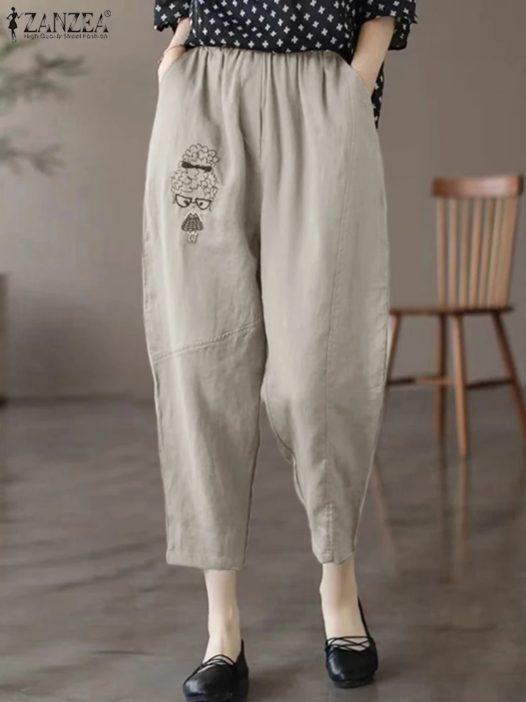 

2023 ZANZEA Autumn Elegant Cotton Pantalon Woman Casual Solid Palazzo Fashion OL Harem Pant Vintage Cartoon Embroidery Trousers