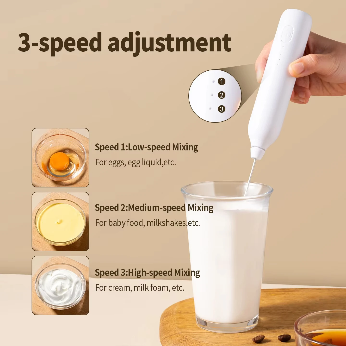 Electric coffee mixer, milk frother, egg beater, 3-speed rechargeable handheld cream mixer, kitchen mixer 1