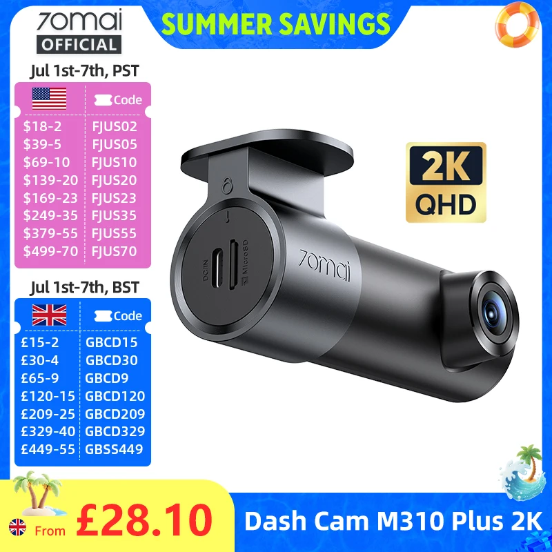 70mai Dash Cam M310 Plus 2K English Voice Control 1440P WDR Night Vision 24H Parking Surveillance 70mai M310 2K Car DVR Wi-Fi 6
