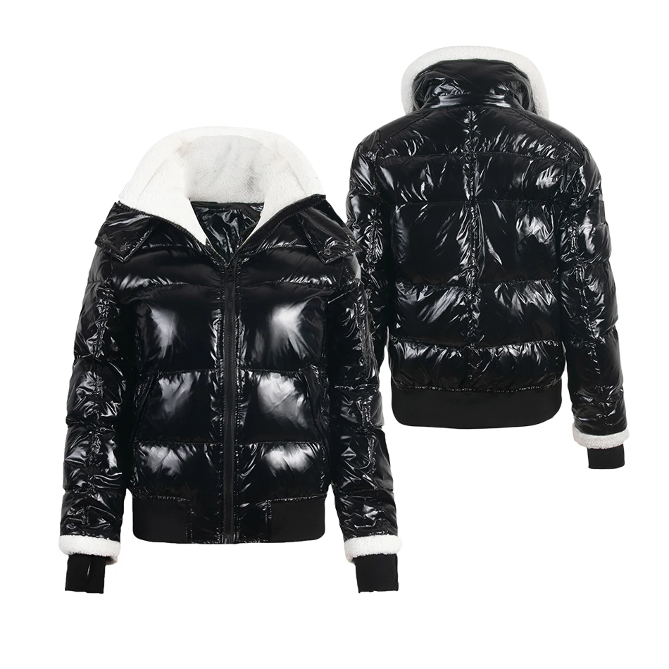 Winter Woman Duck Down Puffer Jacket Shearling Stand Collar Glossy and Matte Black