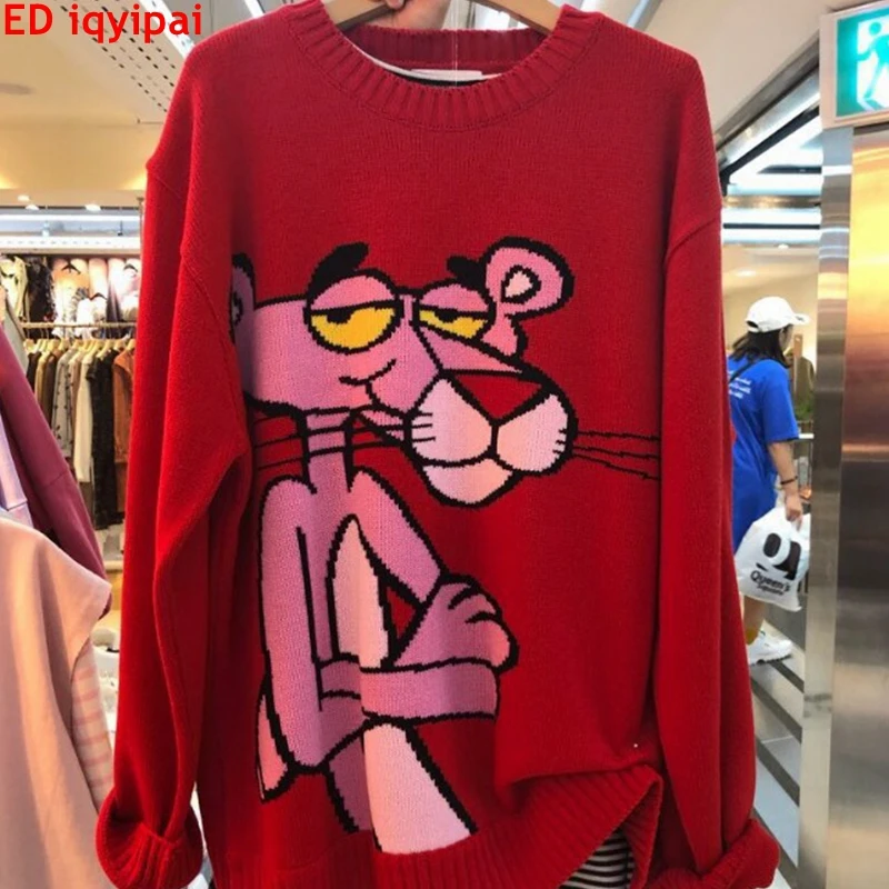 Ed Iqyipai Women Sweater Loose Long Top O-neck Pullover Cute Knitted  Sweaters Print Panther Cartoon Harajuku Vintage Pink Punk - Pullovers -  AliExpress