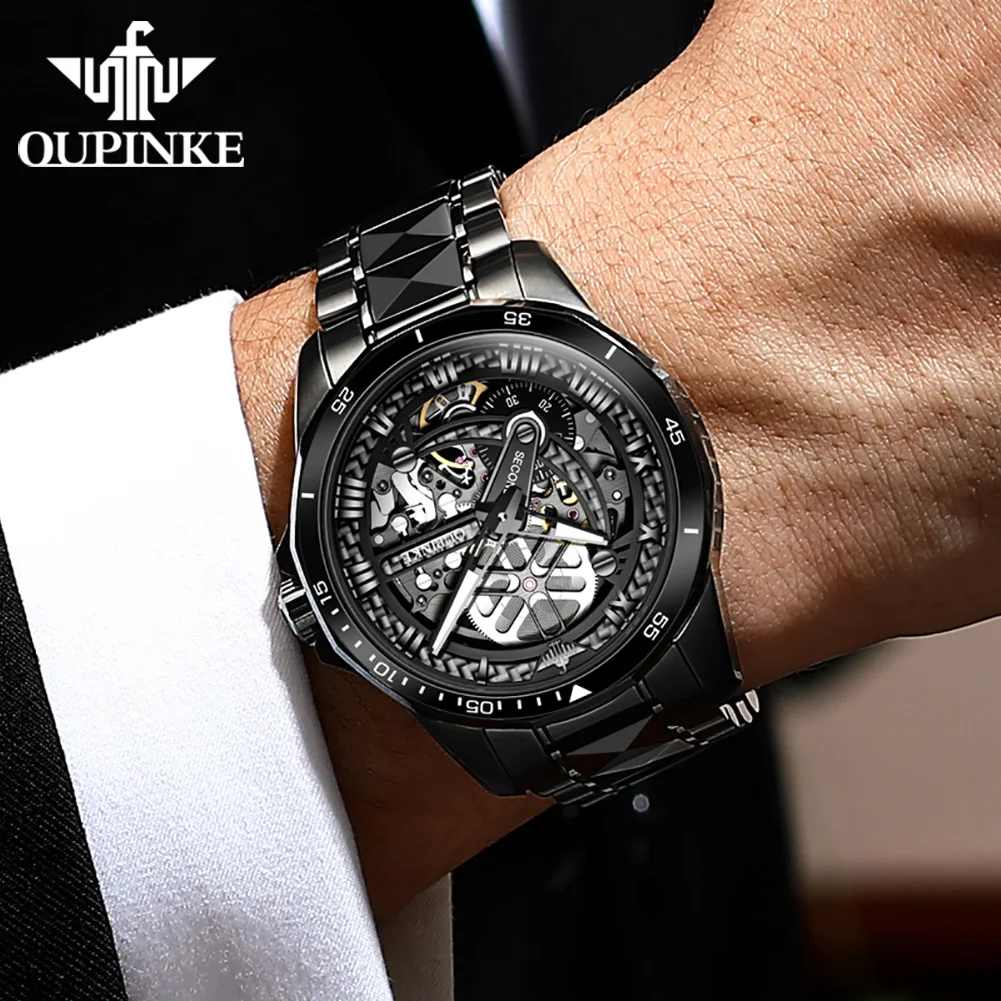 OUPINKE 3178 Automatic Man Watch Original Tungsten Steel Hollow Men's Watches Unique Seconds Hand Design Mechanical Wristwatches