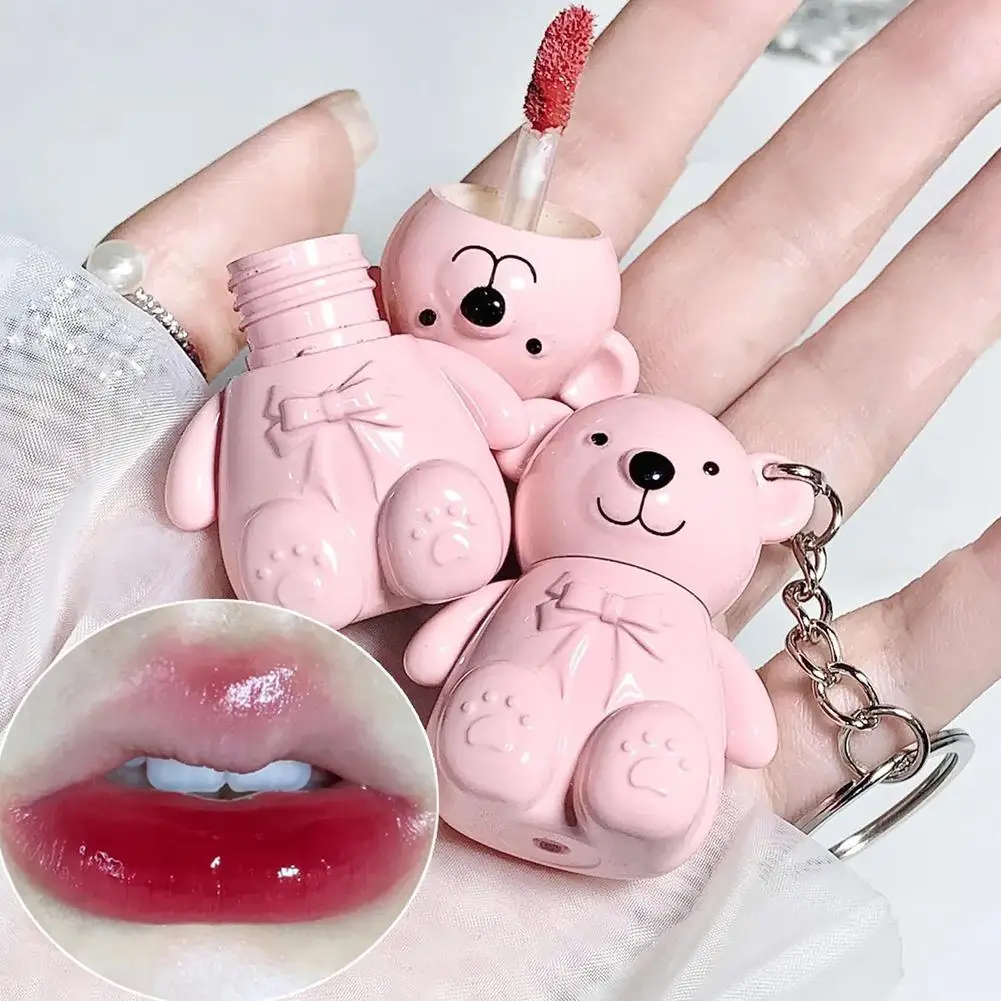 

Cute Bear Keychain Lip Mud Matte Velvet Mirror Grey Pink Lipstick Waterproof Long Lasting Non-Stick Cup LipGloss Korean Cosmetic