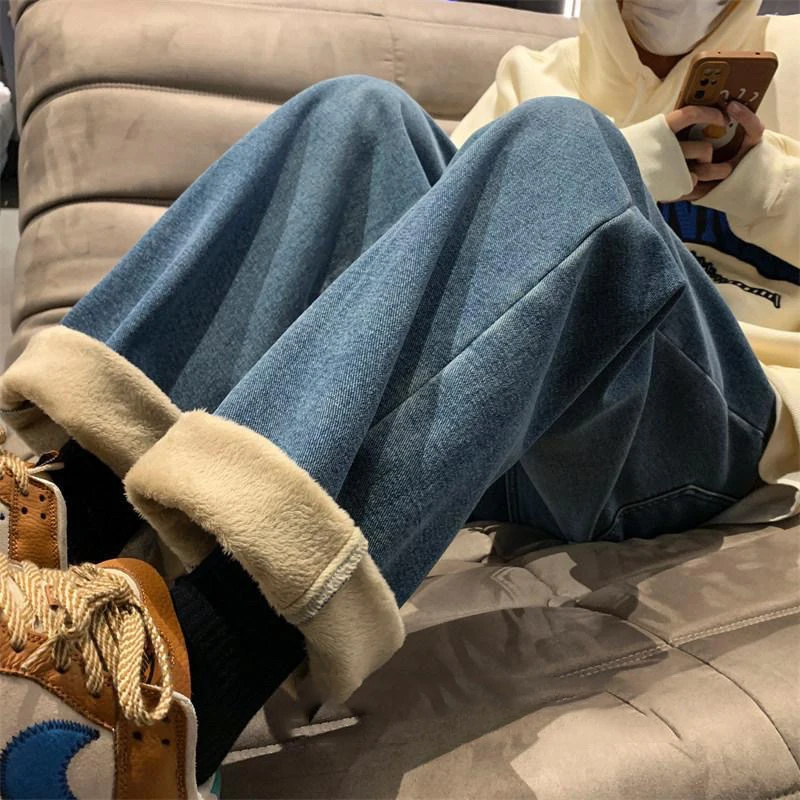 Plus Velvet Straight Pant Women Korean Fashion High Waist Winter Pantalones   Snow Wear Warm Loose Stretch Denim Pants Big Size