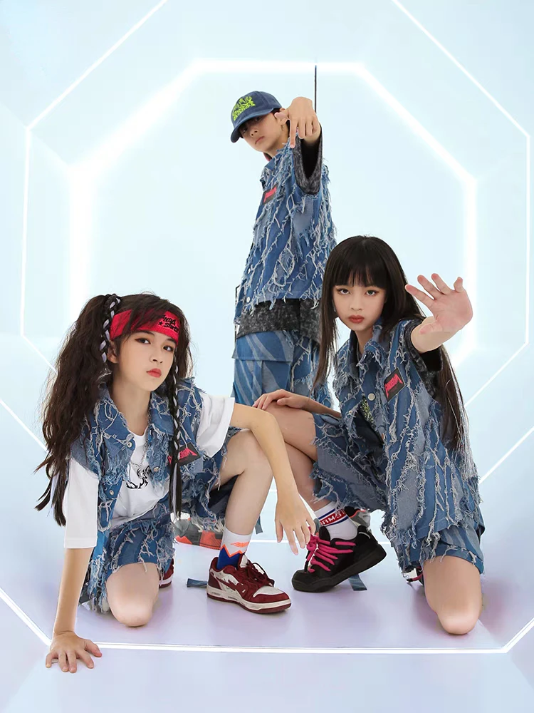 New Hip Hop Street Dance Clothes for Kids Blue Denim Vest Shorts T Shirt Boys Girls Jazz Performance Costume Teens Stage Outfits