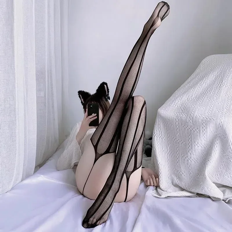 Women Sexy Erotic Crotchless Lingerie Black Stockings With Belt Set High Fishnet Tights Floral Print Pantyhose Mesh Long Hosiery women socks sexy lingerie women tights black stockings