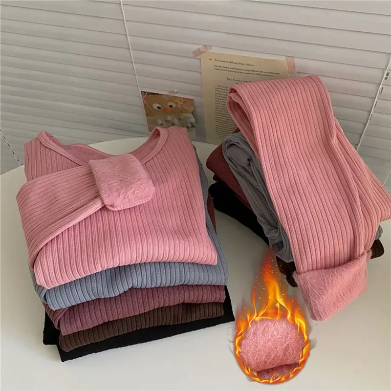 

Long Women Underwear Sets Elastic Waist Thermal High Suit Piece Thermal Clothing Two Fleece Thicken Lamb High Johns Bottoming