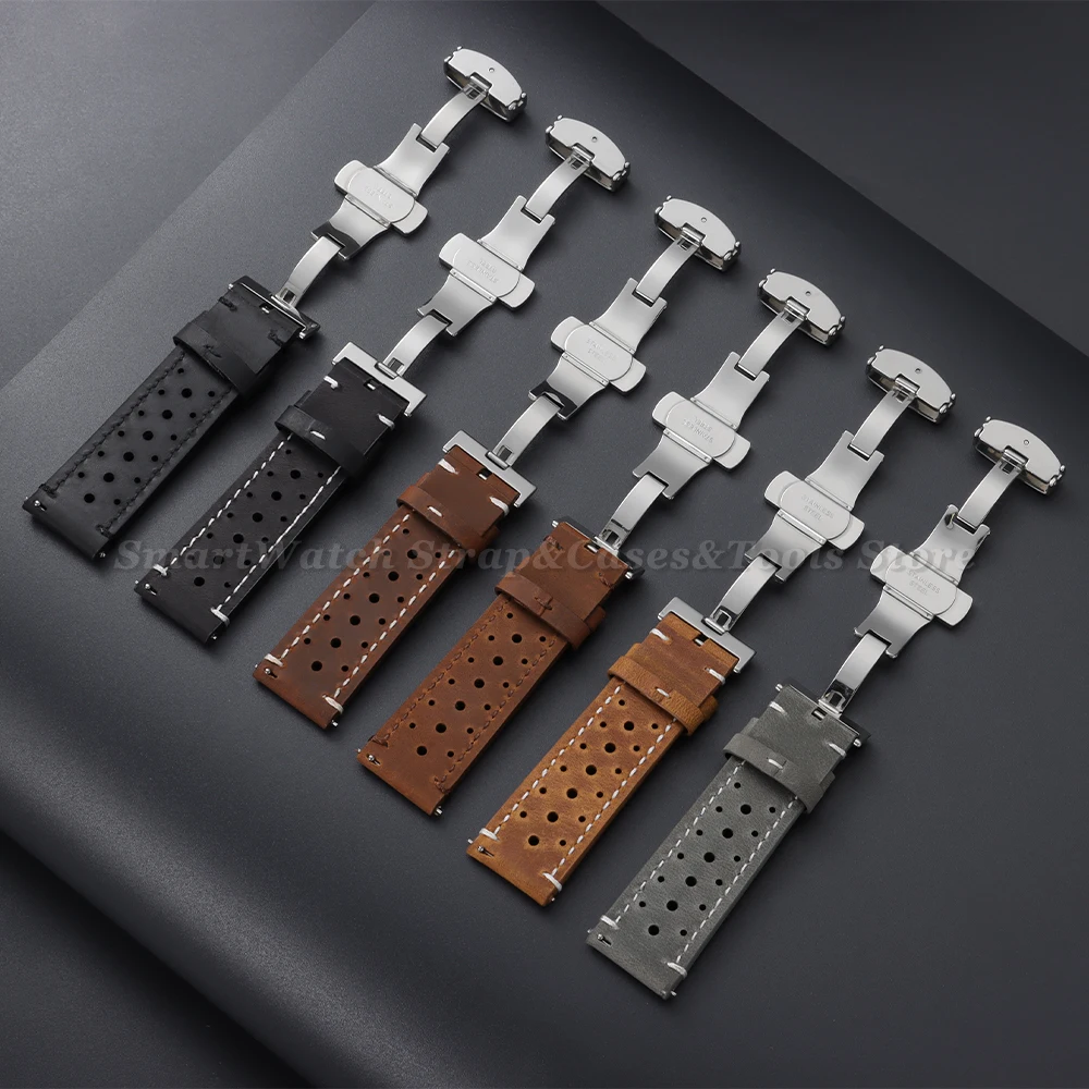 Vintage Cowhide Leather Quick Release Watch Strap with Butterfly Buckle - Brown/Black