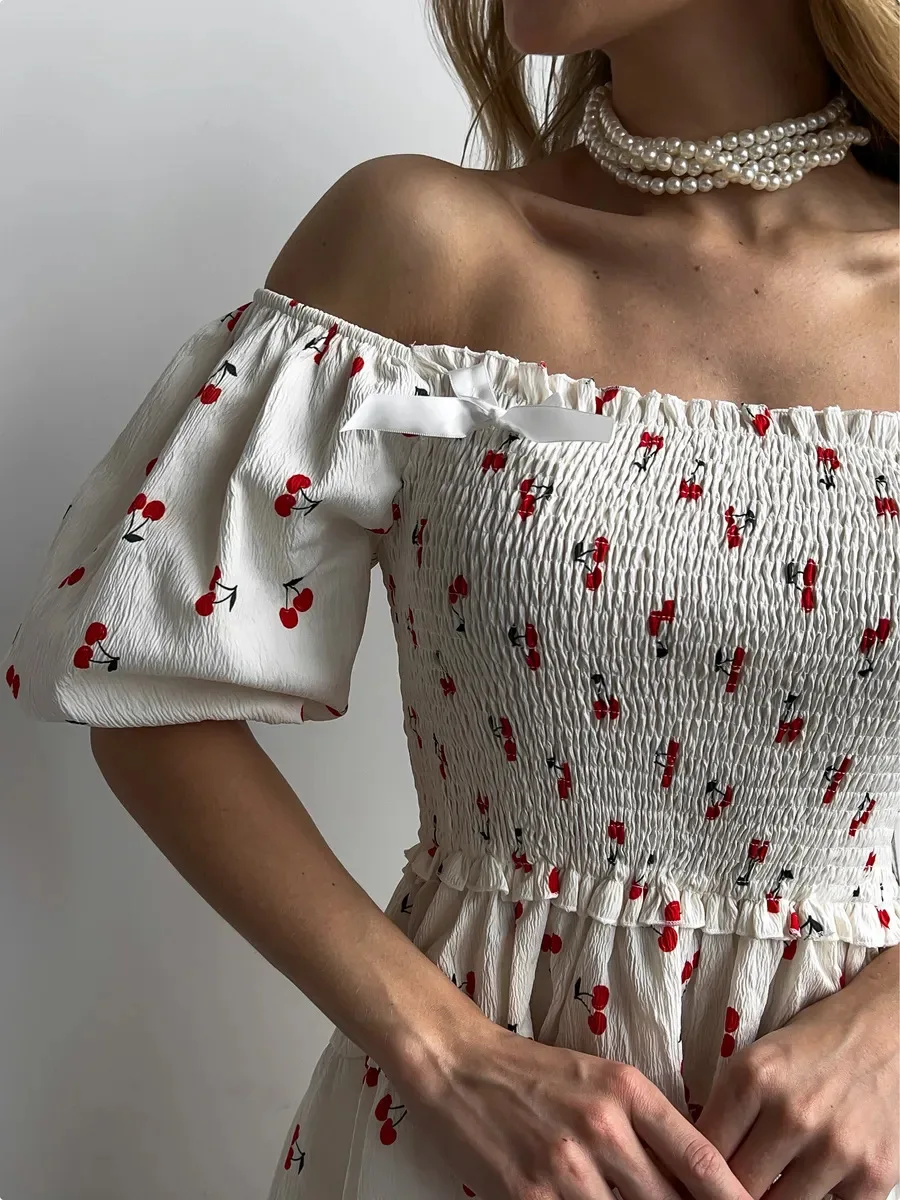 Bornladies Square Neck Bubble Sleeve Dress Women's Summer New Waist Cinching Short Skirt Sweet Girl Printed Slim Fit Short Dress