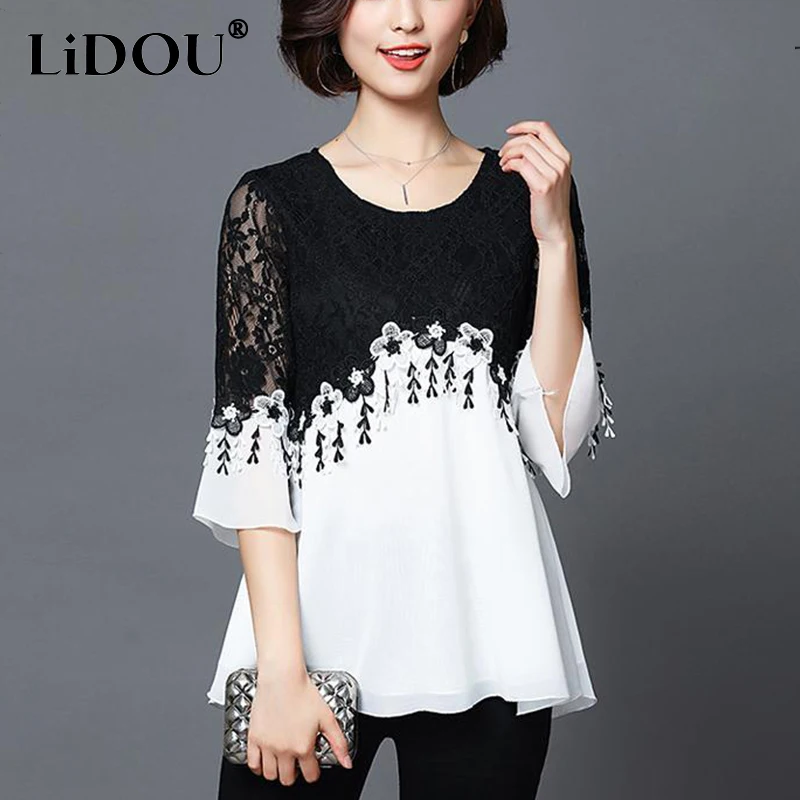 

Summer New Fashion Round Neck Lace Patchwork Pullover Shirt Ladies Loose Casual Flare Half Sleeve Blouse Tops Women's Clothing