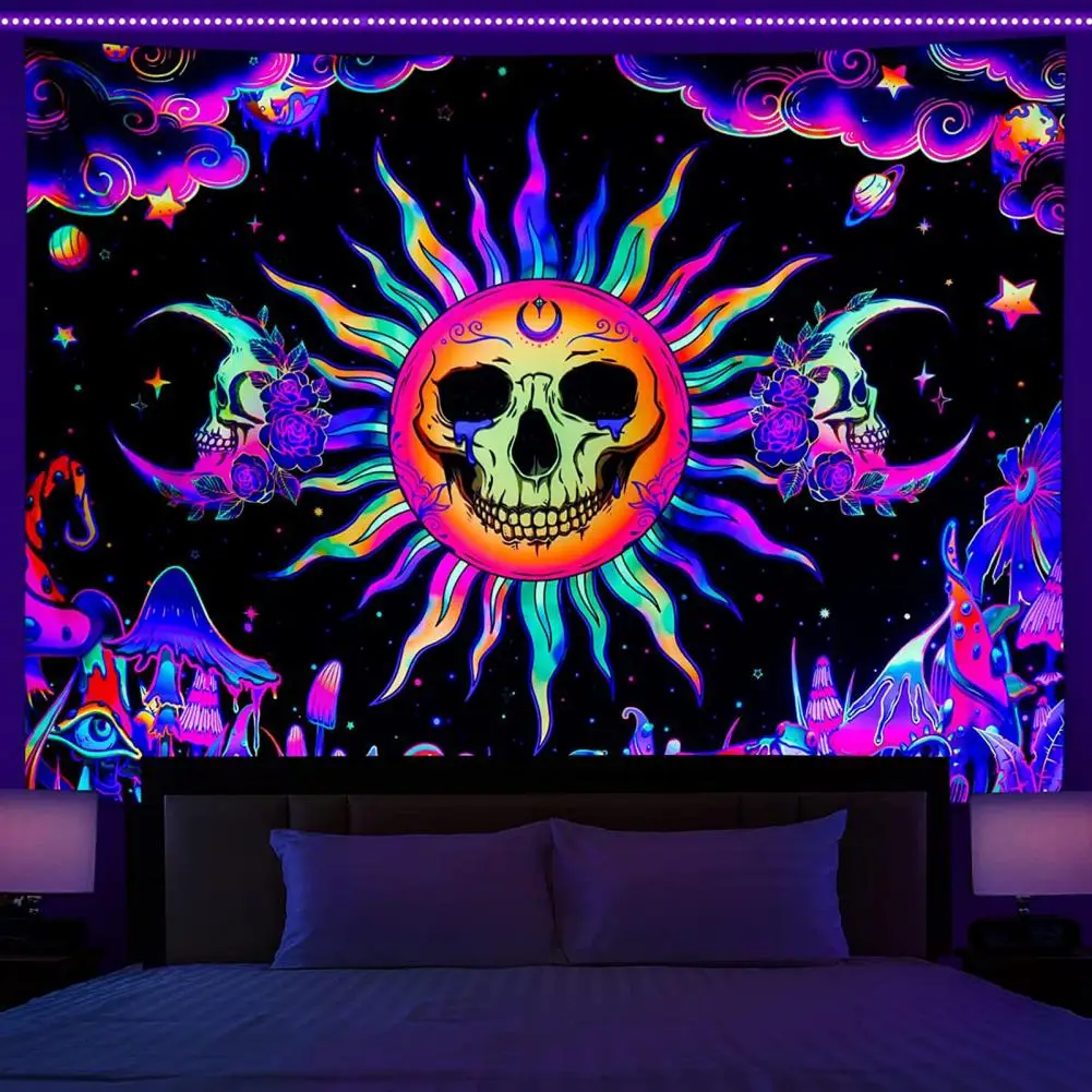 1 Set Skull Tapestry Glow In The Dark Black UV Light Reactive Rectangle Tapestry Washable Wall Art Sunflower Hanging Cloth